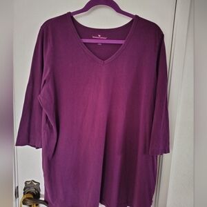 Woman Within Size Large (18/20) Purple 100% Cotton Elbow Sleeve Tunic Side Slits